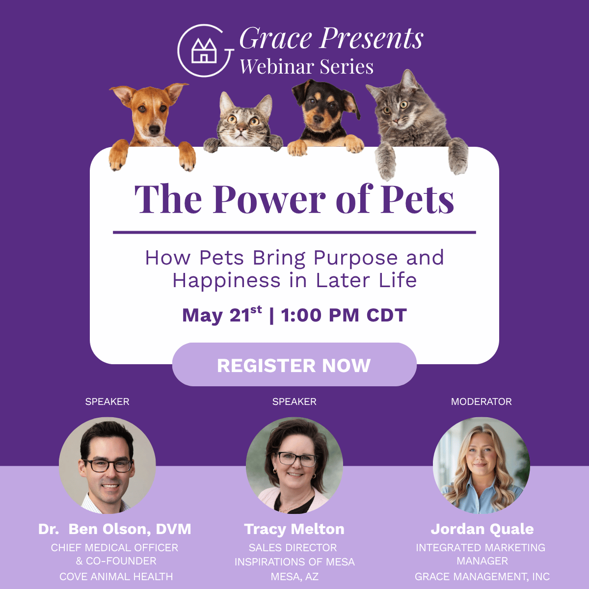 Promotional poster for a pet-themed webinar titled 'The Power of Pets' with date May 21st, 1:00 PM CDT and a 'REGISTER NOW' button.